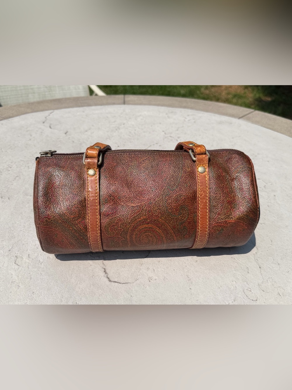 Etro Brown Paisley-Textured Barrel Shoulder Bag with Tan Straps